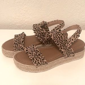 Pierre Dumas Cheetah Print Ruffle Double Band Wedge Sandals